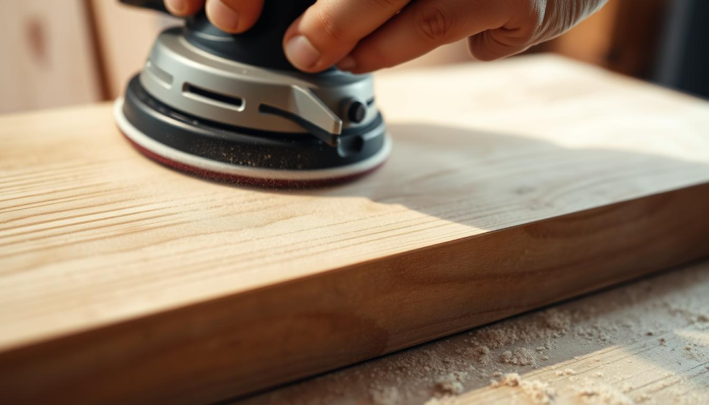 A detailed close-up view of a person's hands using an orbital sander to smooth the surface of a wooden plank. The sander is held at a slight angle, with the pad lightly making contact with the wood, creating a gentle haze of fine dust. The image is well-lit from the side, casting subtle shadows that accentuate the texture and grain of the wood. The focus is sharp on the sanding action, while the background is softly blurred, keeping the attention on the technique. The overall mood is one of focused, purposeful woodworking, conveying the expertise and skill required for effective sanding.