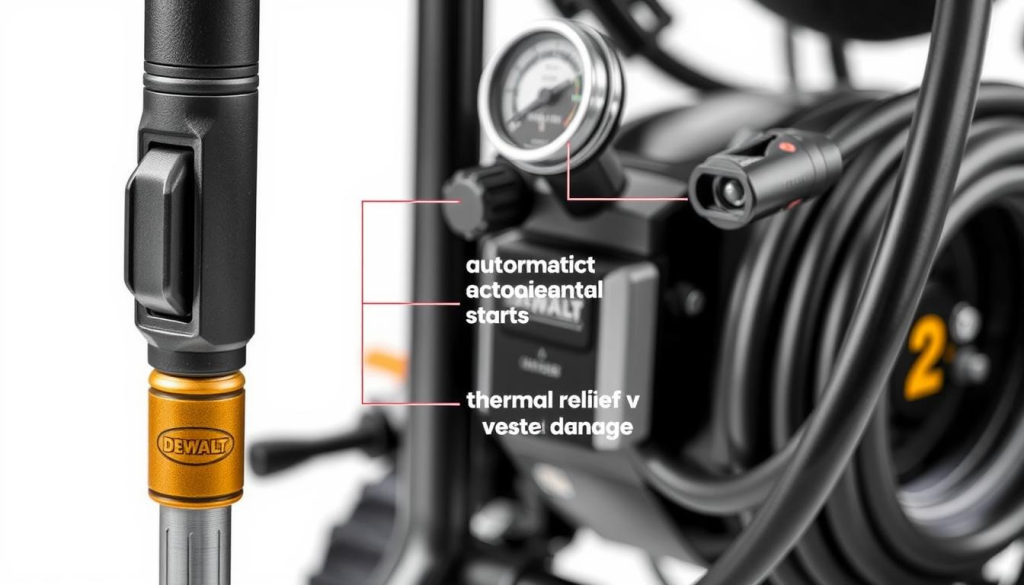 A detailed, close-up view of the DEWALT 4000 PSI pressure washer, showcasing its key safety features. The foreground prominently displays the sturdy metal frame, with a focus on the heavy-duty power switch, pressure gauge, and ergonomic trigger handle. The middle ground reveals the automatic safety lock, protecting against accidental starts, and the thermal relief valve, preventing system damage. In the background, the industrial-grade hose and spray wand are visible, conveying the rugged, high-performance nature of the machine. The lighting is crisp and evenly distributed, capturing the sleek, professional design of the DEWALT pressure washer. The overall tone is one of reliability, durability, and attention to safety.