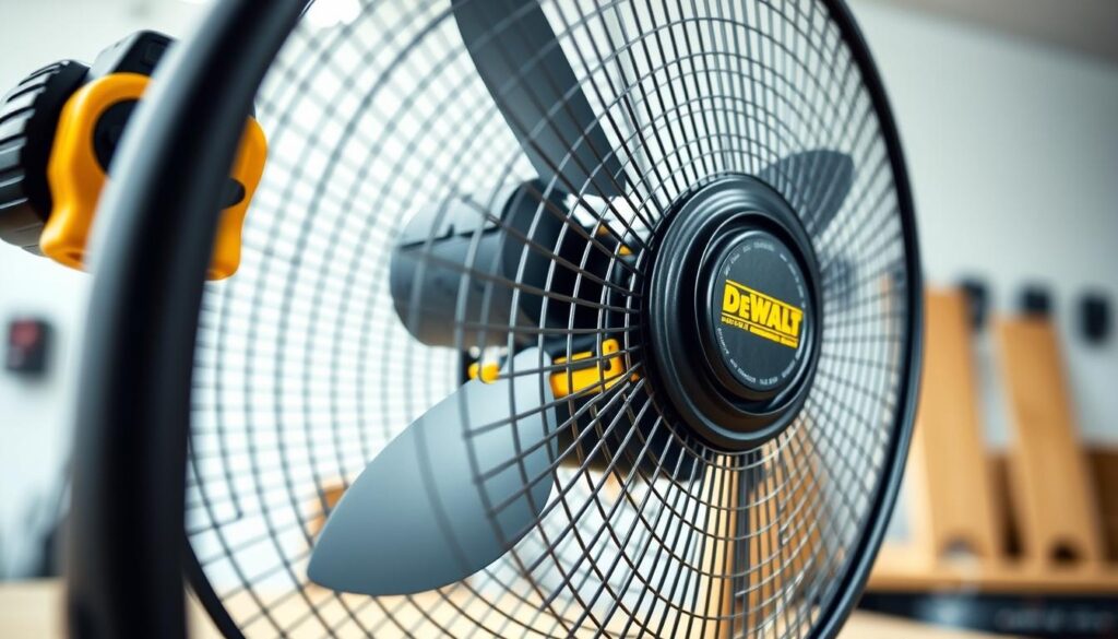 A detailed closeup view of a DEWALT cordless fan, showcasing its key features. The fan is positioned in a well-lit, clean workshop setting, capturing its sleek and modern design. The foreground prominently displays the fan's sturdy metal grill, adjustable tilt mechanism, and high-efficiency brushless motor. The middle ground reveals the removable, rechargeable battery pack, along with the intuitive control buttons for speed and oscillation settings. The background provides a clean, uncluttered environment to highlight the fan's compact and portable form factor, ideal for job site use. Crisp, high-resolution photography with a shallow depth of field emphasizes the engineering precision and premium build quality of this DEWALT cordless fan.