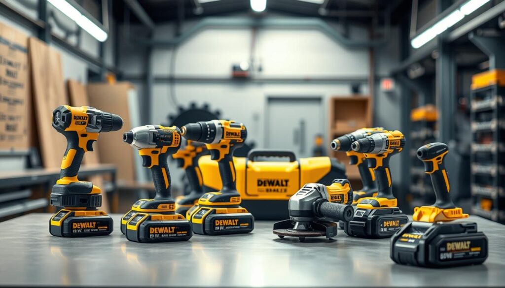 A detailed comparison of DEWALT 60V power tools, showcased on a clean, contemporary workbench. In the foreground, an array of 60V cordless tools, including a drill, impact driver, and grinder, arranged in a dynamic, eye-catching layout. The mid-ground features the tools' features and specifications, presented with technical precision. In the background, a softly-lit industrial setting, hinting at the tools' robust construction and performance. Crisp lighting and a shallow depth of field create a professional, product-focused atmosphere, highlighting the power and capabilities of the DEWALT 60V lineup.