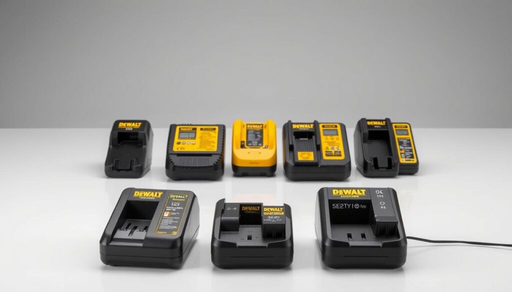 A detailed comparison of DEWALT fast chargers against competing brands, showcased in a well-lit, clean studio setting. In the foreground, three DEWALT fast chargers of varying sizes are neatly arranged, their sleek designs and battery indicators prominently displayed. In the middle ground, similar fast chargers from other leading power tool brands are positioned alongside, allowing for a side-by-side visual evaluation. The background features a neutral, reflective surface that enhances the product details. Crisp lighting from multiple angles highlights the chargers' features, materials, and charging capabilities, inviting the viewer to closely inspect and compare the differences between the DEWALT fast chargers and their competitors.