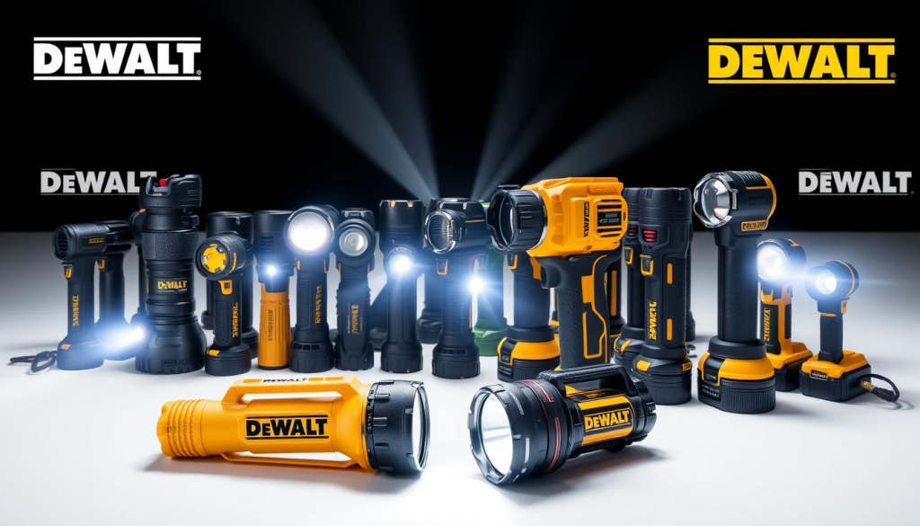 A detailed comparison of DEWALT flashlights against their competitors, showcased in a well-lit, high-resolution image. In the foreground, several DEWALT flashlight models are prominently displayed, their rugged and durable construction evident. Surrounding them are similar flashlights from other leading brands, allowing for a side-by-side visual assessment of their features, sizes, and capabilities. The middle ground depicts the flashlights in use, illuminating the scene with their powerful beams of light, casting dramatic shadows and highlighting their brightness. The background features a clean, minimalist setting, allowing the flashlights to be the focal point, with subtle branding elements to reinforce the DEWALT identity. The overall composition conveys the strength, reliability, and performance that defines the DEWALT flashlight line.
