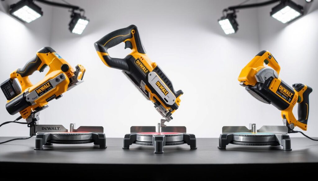 A detailed comparison of DEWALT hand saws, showcased in a well-lit studio setting. In the foreground, three different DEWALT hand saw models are artfully arranged, their distinct features and designs clearly visible. The middle ground features a clean, minimalist background, allowing the saws to take center stage. Careful lighting from multiple angles highlights the high-quality materials and precise craftsmanship of the tools. The overall atmosphere conveys a sense of professionalism and attention to detail, befitting a review of these specialized woodworking instruments.
