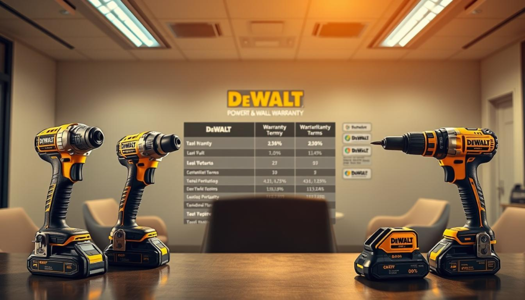 A detailed comparison of DeWalt's power tool warranty presented in a professional, informative manner. In the foreground, three DeWalt power tools displayed side-by-side, showcasing their sleek, industrial designs. In the middle ground, informative charts and graphs detailing the warranty coverage and terms for DeWalt and its leading competitors. The background is a clean, minimalist office setting with subtle branding elements, conveying a sense of authority and trust. Warm, directional lighting highlights the tools and data visualization, creating depth and drama. The overall mood is one of clarity, reliability, and technical expertise, reflecting the subject matter.