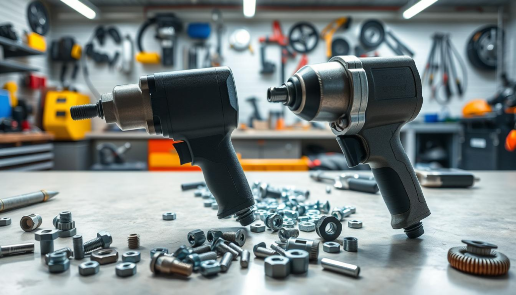 A detailed comparison of a hydraulic impact wrench and a pneumatic impact wrench, shot in a well-lit workshop setting. In the foreground, the two wrenches are prominently displayed, showcasing their distinct designs and features. The hydraulic wrench has a sturdy, compact build, while the pneumatic wrench has a sleeker, elongated silhouette. In the middle ground, a variety of fasteners, nuts, and bolts are scattered, providing context for the tools' intended use. The background features a clean, organized workbench with various automotive parts and tools, suggesting a professional, industrial environment. The lighting is bright and evenly distributed, creating sharp shadows and highlights that accentuate the textures and materials of the tools. The overall scene conveys a sense of precision, power, and technical expertise.