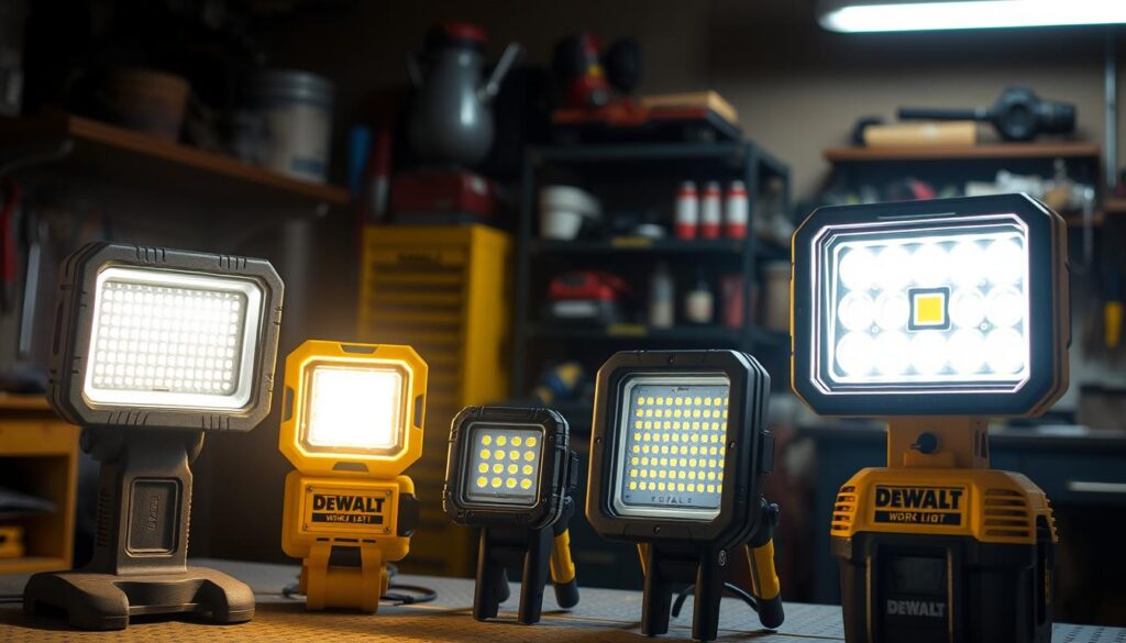 A detailed comparison of multiple DEWALT LED work lights, showcasing their varied sizes, shapes, and brightness levels. The foreground features the work lights side-by-side, each casting a warm, focused beam of light that illuminates the middle ground. In the background, a dimly lit workshop setting with tools, shelves, and workbenches provides context. The lights are photographed at an angle, highlighting their sleek, sturdy construction and ergonomic designs. The overall mood is one of functional utility, with a touch of technical precision to showcase the key specifications and user-friendly features of these DEWALT work lights.