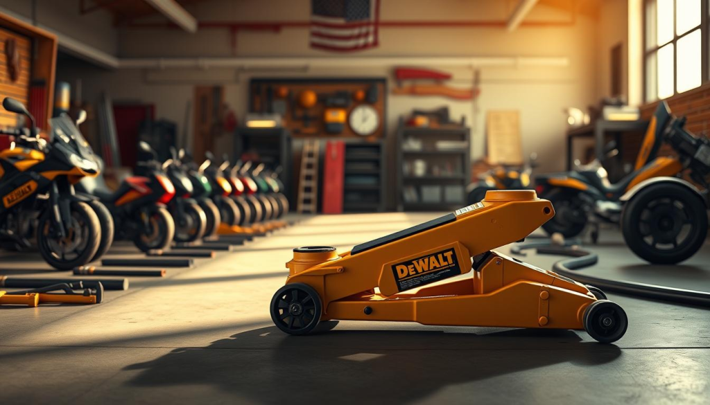 A detailed comparison of the Dewalt jack against its competitors, showcased in a photorealistic scene. In the foreground, the Dewalt jack prominently displayed, its sturdy construction and sleek design highlighted by dramatic lighting. Surrounding it, the competitor models arranged neatly, allowing for a side-by-side evaluation of size, features, and build quality. The middle ground features a clean, minimalist workspace, with tools and materials suggesting a professional automotive or industrial setting. The background bathes the scene in a warm, natural light, creating a sense of depth and emphasizing the comparisons. The image conveys the power, versatility, and reliability of the Dewalt jack, positioning it as the superior choice among the competition.