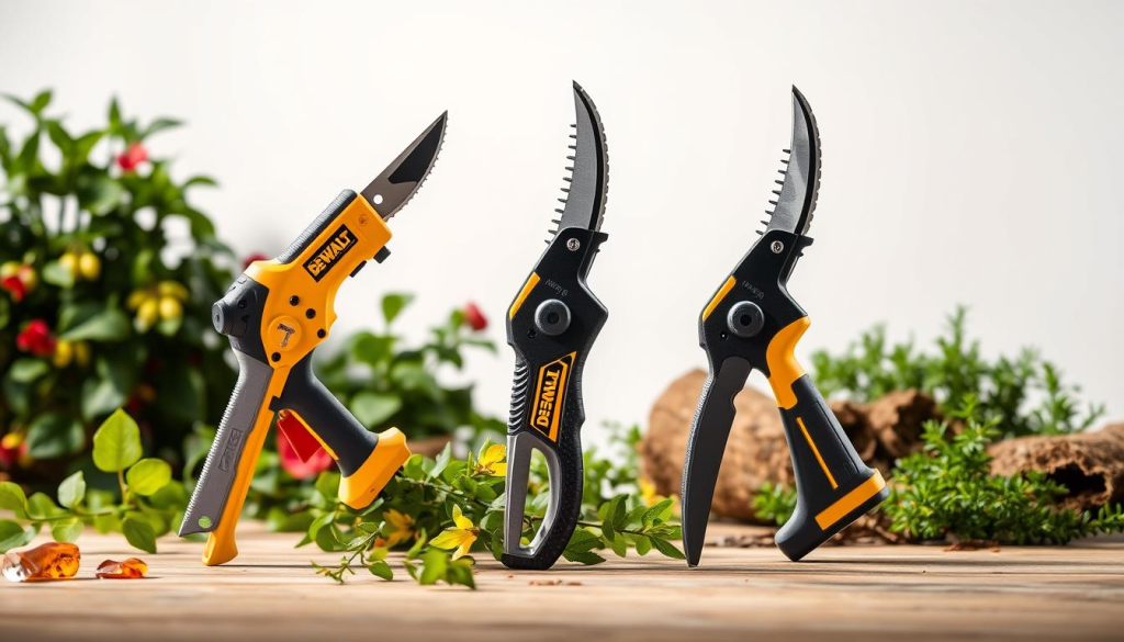 A detailed comparison of three DEWALT pruners, showcased in a meticulously lit studio setting. The foreground features the pruners arranged in a visually striking composition, with their distinctive designs and materials highlighted. The middle ground includes carefully selected garden elements, such as lush foliage and natural textures, to provide context and depth. The background is softly blurred, allowing the pruners to take center stage. The overall mood is one of professional, high-quality product presentation, inviting the viewer to closely examine the distinguishing features of each DEWALT pruner option.