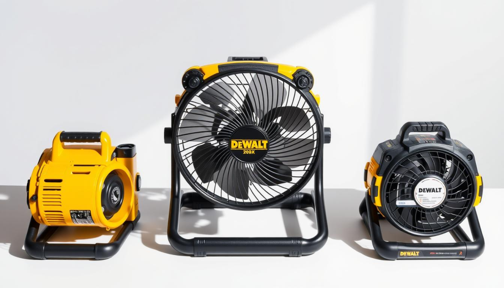 A detailed head-on view of a DEWALT 20V MAX Jobsite Fan placed on a white tabletop, with two identical fans next to it from different retailers. The DEWALT fan is prominently displayed in the center, showcasing its sleek black and yellow design. The two additional fans are shown at different angles, allowing for a clear price comparison. The scene is brightly lit, creating sharp shadows and highlights that emphasize the fans' features. The background is a clean, minimalist space, allowing the products to be the sole focus. The overall composition conveys a sense of professionalism and attention to detail, suitable for an informative product comparison article.