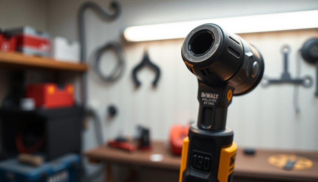 A detailed, high-angle shot of a DeWalt 3/8" ratchet set against a clean, well-lit workshop backdrop. The ratchet's sturdy metal body and smooth rotating head are prominently featured, showcasing its durable construction and precise, versatile applications. The image captures the ratchet's ability to access tight spaces and perform a variety of tasks, from automotive repairs to general home maintenance. Soft shadows and warm lighting create a professional, product-focused atmosphere, highlighting the tool's quality and reliability.