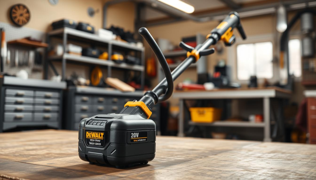 A detailed, high-quality image of a DEWALT 20V weed eater in a well-lit workshop setting. The weed eater is positioned prominently in the foreground, with a clean, crisp focus. The background is a softly-blurred workshop interior, featuring metal workbenches, shelves, and tools. Warm, natural lighting creates subtle shadows and highlights the textural details of the weed eater's components. The overall scene conveys a sense of precision, functionality, and professionalism, suitable for illustrating the "Getting Started: First-Time Use Tips" section of the article.