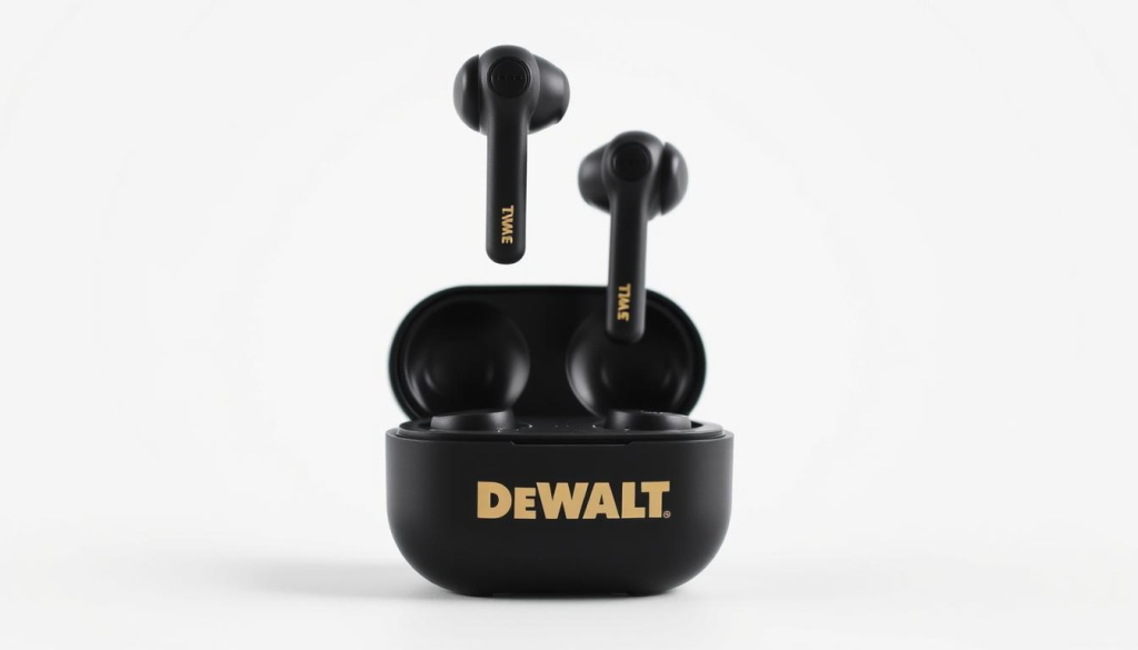 A detailed, high-quality photograph of DEWALT branded earbuds against a clean, white background. The earbuds are prominently displayed in the center of the frame, showcasing their sleek, durable design with a matte black finish. The lighting is soft and even, highlighting the contours and textures of the earbuds. The image captures the essential features such as the adjustable ear tips, wireless charging case, and integrated controls on the earbuds. The overall composition emphasizes the premium, professional-grade quality of the DEWALT earbuds, conveying their suitability for rugged, outdoor work environments.