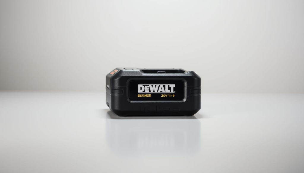 A detailed, high-quality photograph of a DEWALT 18V to 20V battery converter. The converter is centered in the frame, placed on a clean, uncluttered surface with a subtle shadow beneath. The device is rendered in sharp focus, highlighting its sleek, industrial design with the DEWALT logo prominently displayed. The lighting is soft and natural, creating a sense of quality and professionalism. The background is evenly lit, keeping the attention on the subject. The overall mood is one of precision, functionality, and the seamless integration of DEWALT's power tool ecosystem.