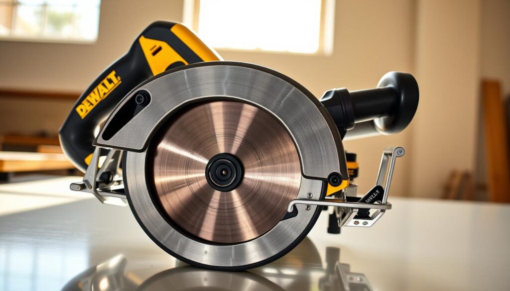 A detailed, high-quality photograph of the DEWALT XR circular saw, showcasing its key features. The saw is positioned on a clean, reflective surface, bathed in natural daylight from an overhead window. The focus is sharp, highlighting the sleek black and yellow design, the robust metal casing, and the prominent DEWALT logo. The saw's blade guard, depth adjustment knob, and ergonomic handle are clearly visible, conveying its durability and user-friendly functionality. The image captures the saw's precision and power, reflecting the advanced technology that powers the DEWALT XR line.