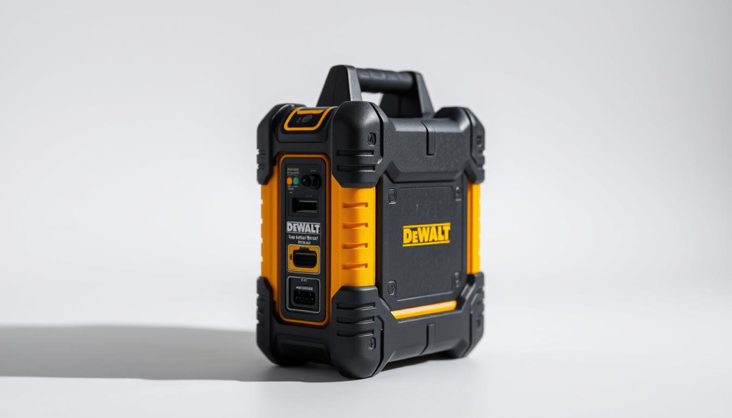 A detailed, high-resolution image of a DEWALT 1600 jump box, showcasing its rugged and reliable design. The jump box is prominently displayed in the center of the frame, with a clean, well-lit background that highlights its sleek black and yellow color scheme. The image captures the jump box from a slightly elevated angle, giving a clear view of its various ports, buttons, and features. The lighting is natural and evenly distributed, creating subtle shadows that accentuate the jump box's robust construction. The overall mood is one of professionalism and functionality, conveying the DEWALT brand's reputation for high-quality, durable power tools and accessories.