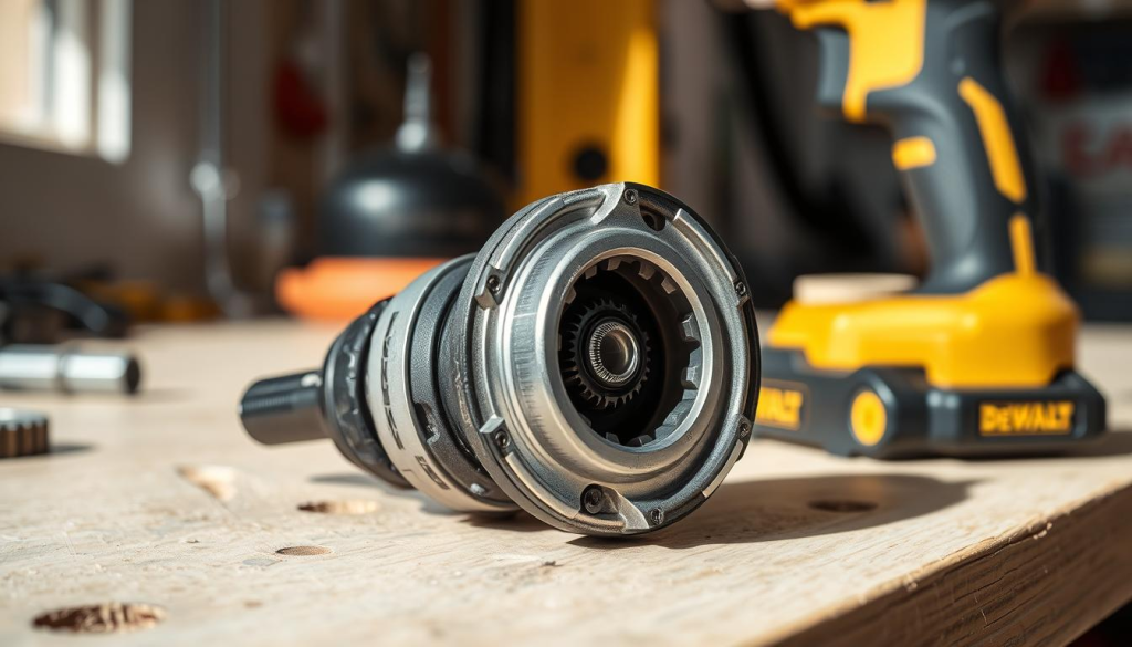 A detailed, high-resolution image of a DEWALT 90 Degree Impact Attachment resting on a clean, well-lit workbench. The attachment is shown in profile, with a focus on the intricate gearing and mechanics within. The lighting is bright, natural, and casts subtle shadows that accentuate the textures and contours of the device. The background is blurred, placing emphasis on the attachment itself. The overall mood is one of precision, craftsmanship, and the attention to detail required for proper maintenance of this specialized power tool accessory.