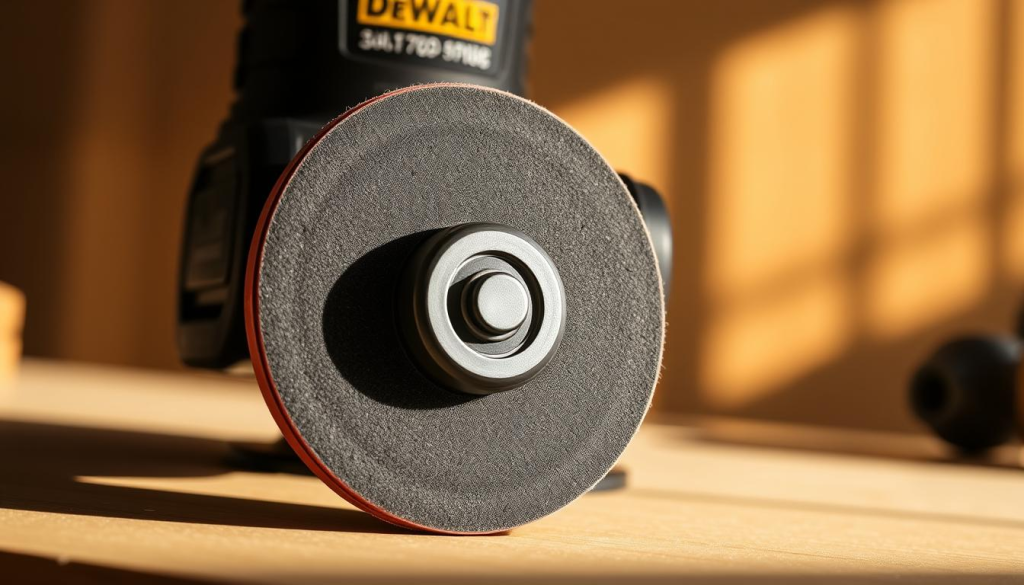 A detailed, high-resolution image of a Dewalt orbital sander pad attachment. The pad is in the foreground, meticulously crafted with textured rubber surface and a sturdy metal backing. The attachment mechanism is visible, showcasing the precise fit and secure connection to the sander. The image is illuminated by a warm, natural lighting from the side, casting subtle shadows that accentuate the product's form and features. The background is a clean, minimalist workspace, allowing the sander pad to be the central focus. The overall atmosphere conveys a sense of professionalism, quality, and attention to detail, perfectly suited for illustrating the section on "How to Attach a Dewalt Orbital Sander Pad".