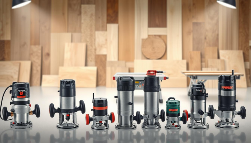 A detailed illustration of various router types, showcased in a well-lit, high-resolution studio setting. The foreground features a range of routers, including a compact palm router, a large production router, and a trim router, each with their distinct shapes and features. The middle ground depicts a cordless router and a router table, highlighting their applications and versatility. In the background, a soft-focus backdrop showcases various wood textures and materials, creating a professional, technical atmosphere. The lighting is carefully arranged to accentuate the routers' forms and details, providing a clear and informative visual representation of the different router types and their purposes.