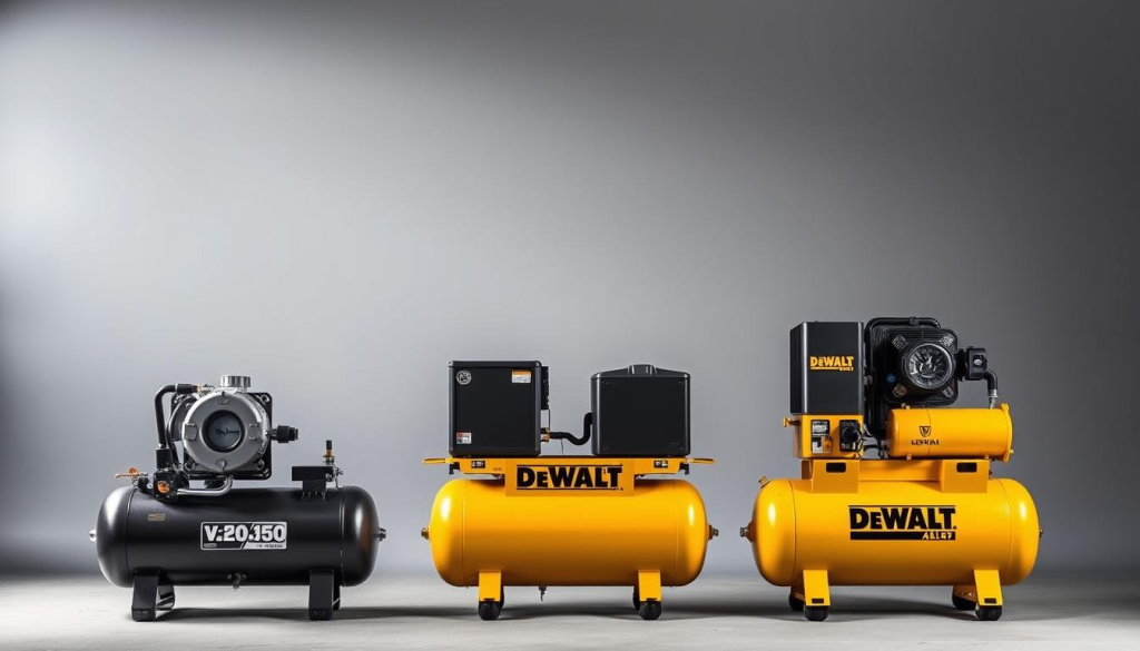 A detailed side-by-side comparison of the DEWALT 60 gallon air compressor against its competitors, captured in a high-quality studio photoshoot. The compressors are showcased on a neutral gray backdrop, illuminated by soft, directional lighting that accentuates their robust metal construction and intricate gauge panels. The scene captures the scale and power of these industrial-grade machines, inviting the viewer to appreciate their technical specifications and performance capabilities. The composition emphasizes the visual contrast between the DEWALT unit and its rivals, highlighting the distinctive design elements that set it apart as a premium, professional-grade air compressor.