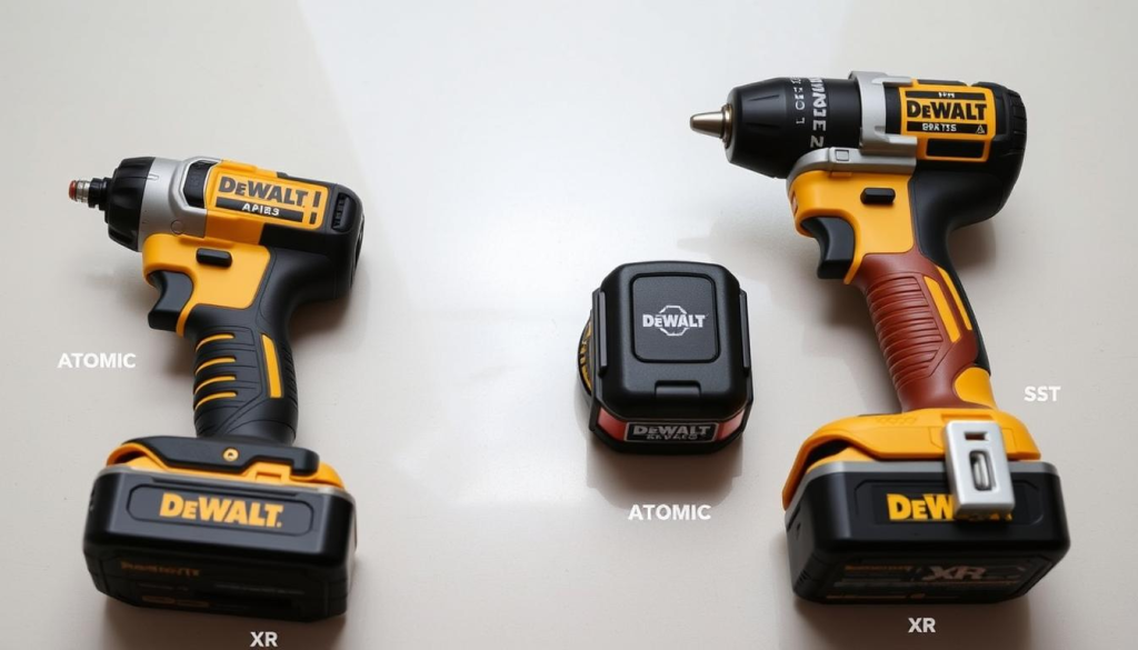 A detailed side-by-side comparison of the DeWalt XR and Atomic cordless power tools, captured in a well-lit, high-resolution photograph. The two devices are showcased on a clean, neutral-toned surface, allowing their distinct designs and features to be clearly visible. The image is shot at a slightly elevated angle, creating a professional, informative presentation that highlights the key differences between the two models. Subtle reflections and shadows add depth and dimension, while the overall composition and lighting evoke a sense of quality and technical precision, perfectly suited for the "User Reviews and Feedback" section of the article.