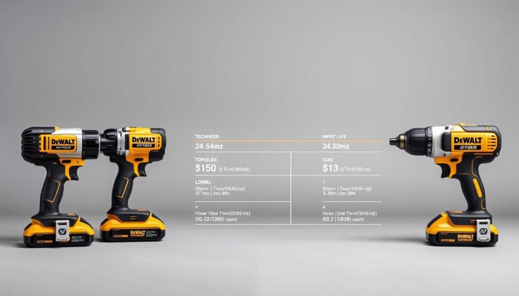 A detailed side-by-side comparison of three DeWalt impact guns set against a clean, well-lit studio backdrop. The foreground features the three models prominently displayed, their distinctive designs and textures clearly visible. The middle ground showcases the key technical specifications for each tool, such as torque, speed, and battery life, presented in a concise, informative manner. The background is a neutral grey that allows the impact guns to stand out, with soft, even lighting that accentuates their metallic finishes and overall quality. The composition is balanced and visually appealing, conveying the power, precision, and reliability of the DeWalt brand in a professional, comparative manner.