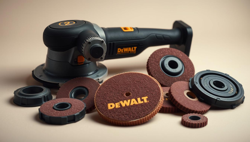 A detailed still life image of Dewalt power tool parts, including an orbital sander, replacement sanding pads, and other components. The parts are arranged in a clean, well-lit studio setting with a neutral background, allowing the textures and details of the Dewalt products to be the focus. The lighting is soft and even, creating shadows that highlight the shapes and surfaces of the tools. The camera angle is slightly elevated, giving a birds-eye view of the arrangement. The overall mood is professional, showcasing the quality and durability of the Dewalt brand.
