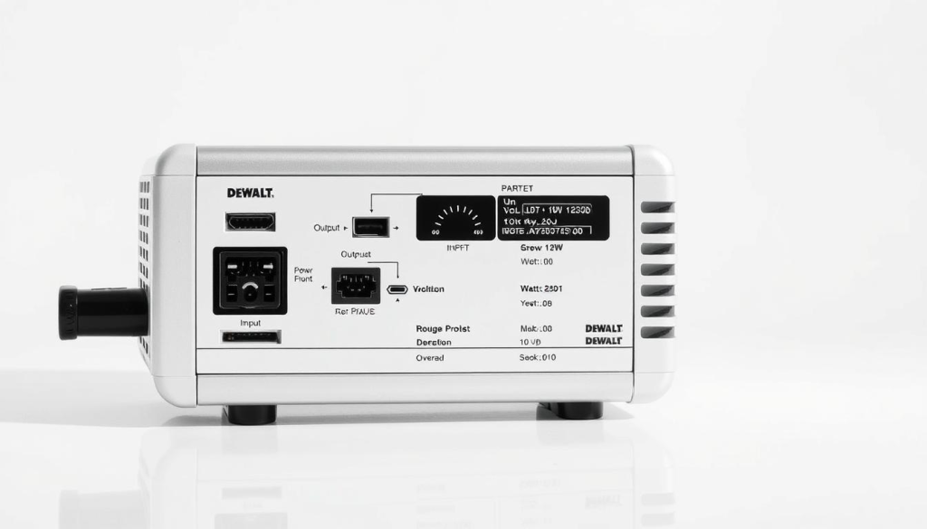 A detailed technical diagram of DEWALT inverter power output specifications, with clear and precise renderings of the various input and output ports, voltage and wattage ratings, and overall product dimensions. The diagram is presented against a clean, minimalist white background, with subtle shadows and reflections to emphasize the product's sleek, modern design. The lighting is soft and even, highlighting the inverter's sturdy construction and premium finishes. The camera angle is slightly elevated, providing an optimal view of the inverter's key features and specifications.