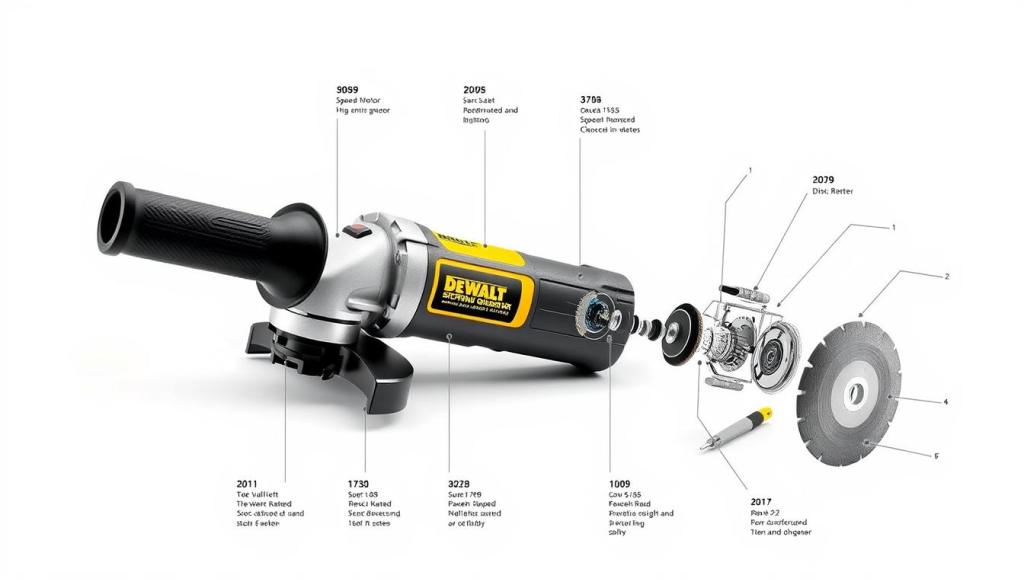 A detailed technical diagram of a DEWALT corded grinder, showcasing its key specifications. The grinder is positioned centrally, with a clean white background. The foreground highlights the grinder's metal casing, ergonomic handle, and high-speed motor, while the middle ground displays the grinder's speed, power, and disc size specifications. The background provides an exploded view, revealing the internal components and construction. The lighting is bright and even, emphasizing the grinder's precision engineering and durable design. The overall mood is professional, informative, and focused on the grinder's technical capabilities.