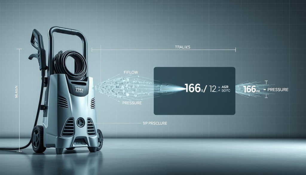 A detailed technical diagram showcasing the key specifications of a powerful pressure washer. In the foreground, the pressure washer unit is depicted with a clean, minimalist design, its components meticulously labeled and dimensioned. The middle ground features a clear visualization of the water flow, pressure, and force, with numerical values and measurement units displayed. The background has a subtle grid pattern, lending a sense of precision and engineering prowess. Soft, neutral lighting accentuates the sleek, industrial aesthetic, while a low camera angle emphasizes the sturdy, capable nature of the equipment. The overall mood conveys a balance of functional efficiency and design elegance.