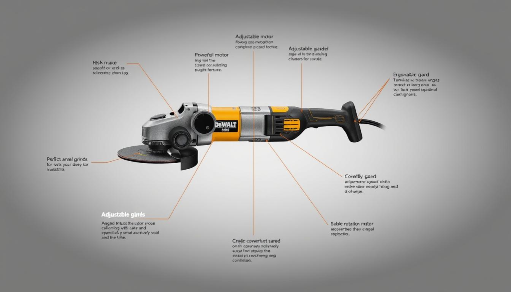 A detailed technical illustration of a DeWalt angle grinder, showcasing its key features and specifications. The grinder is presented in a clean, well-lit studio setting, capturing its sleek, professional design. The image highlights the powerful motor, adjustable guard, and ergonomic handle, emphasizing the tool's versatility and durability. The background is a neutral gray, allowing the grinder to take center stage. Precise camera angles and lighting create depth and clarity, inviting the viewer to examine the grinder's intricate components and understand its capabilities. The overall mood is one of precision, power, and functionality, reflecting the high-quality engineering of the DeWalt brand.