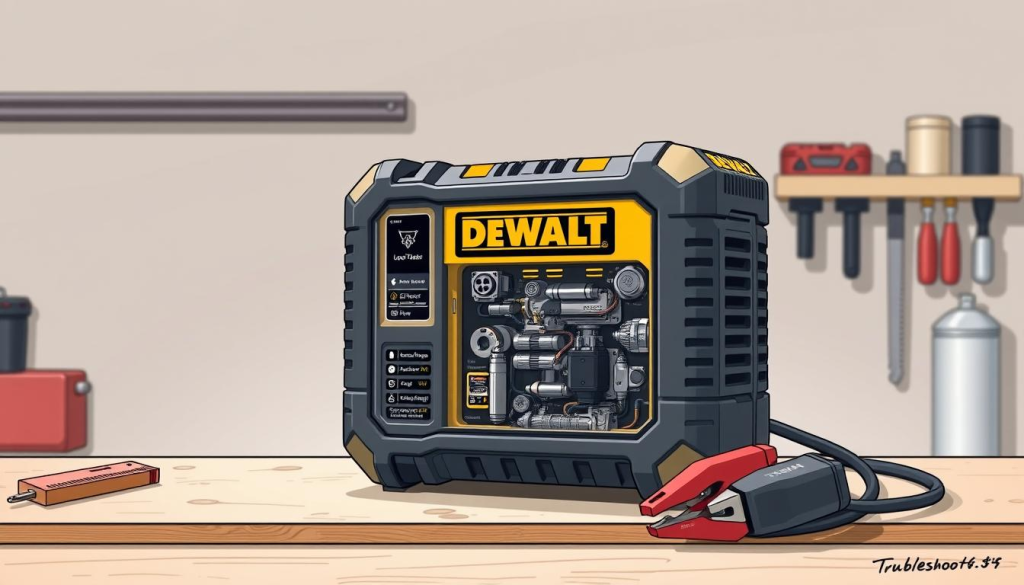 A detailed technical illustration of a Dewalt jump starter, showcased on a clean, well-lit workbench. The device is prominently displayed, allowing viewers to closely examine its various components and features. The background features a neutral, muted color palette, placing the focus squarely on the jump starter. Soft, diffused lighting illuminates the scene, creating a sense of depth and highlighting the jump starter's sleek, industrial design. The overall mood is one of clarity, precision, and problem-solving, reflecting the troubleshooting theme of the article.