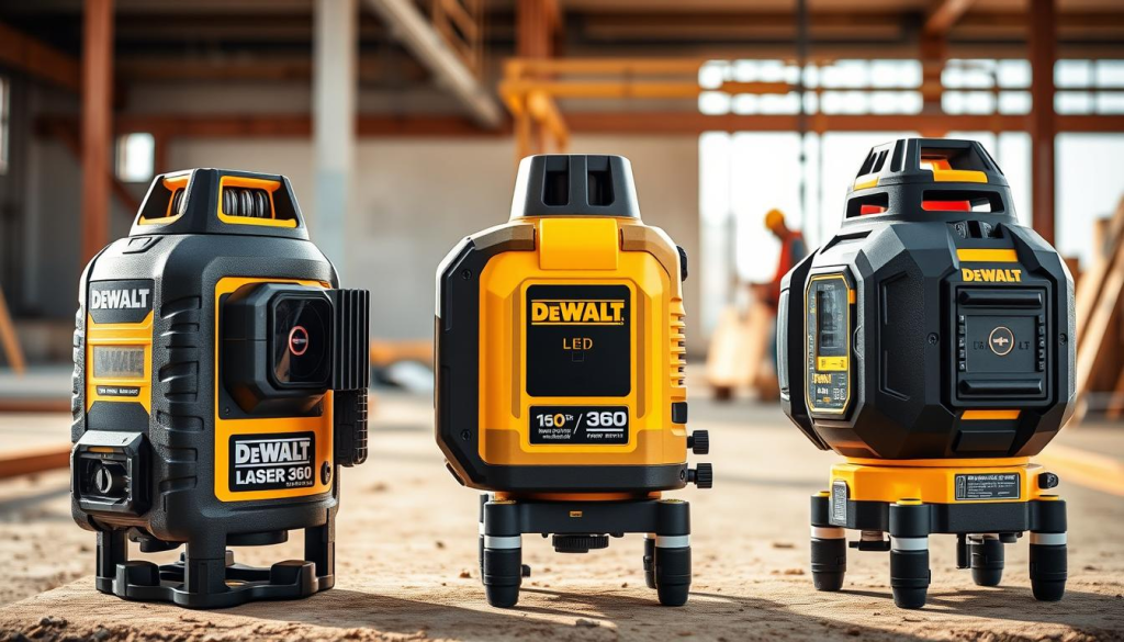 A detailed, three-dimensional comparison of the DEWALT Laser 360, showcased on a worksite against other laser levels. The foreground highlights the Laser 360's sleek, rugged design, with its rotating head and easy-to-read display. The middle ground features a side-by-side view of the Laser 360 alongside competing models, emphasizing their distinctive features and functionalities. In the background, the scene depicts a construction site with workers using the tools, highlighting the Laser 360's practical application and utility. The lighting is natural, creating a warm, realistic atmosphere that accentuates the products' details. The overall composition conveys the Laser 360's superiority in precision, durability, and job-site versatility compared to other leading brands.