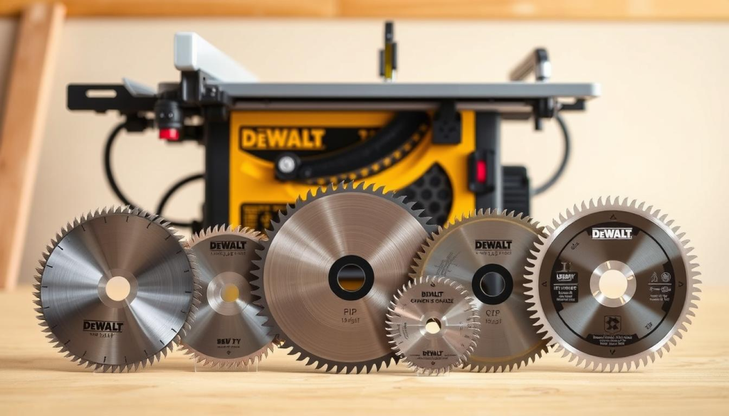 A detailed, well-lit photograph of a DEWALT jobsite table saw showcasing various saw blade types. The foreground prominently displays an assortment of blades, including standard combination, rip, and crosscut blades in different sizes. The middle ground features the table saw itself, with a sturdy, portable design and clear indicators for blade height and angle adjustments. The background is a clean, neutral workspace, emphasizing the saw's versatility and suitability for a variety of jobsite environments. The lighting is soft and natural, highlighting the quality and precision of the DEWALT tools. The overall mood is professional, informative, and focused on guiding the viewer's understanding of the table saw's blade options and capabilities.