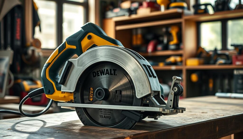 A dewalt circular saw resting on a workbench, its powerful 15-amp motor and 7-1/4 inch blade visible in intricate detail. The tool is illuminated by soft natural light filtering through a window, casting dynamic shadows that accentuate its industrial design. In the background, shelves stocked with various power tools suggest a professional workshop environment. The saw's performance is conveyed through a sense of precision, durability, and controlled power, setting the stage for an in-depth analysis of its capabilities.