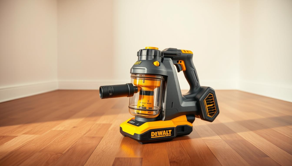 A dewalt cordless vacuum standing on a clean, hardwood floor, bathed in warm, directional lighting. The vacuum's sleek, charcoal-grey body and yellow accents are sharply defined, showcasing its premium, industrial design. The metal canister and powerful suction nozzle hint at the vacuum's robust performance, ready to tackle even the toughest messes. In the background, a minimalist studio setting with clean white walls amplifies the product's focus and highlights its utilitarian elegance. The overall composition conveys a sense of power, efficiency, and the high-quality craftsmanship that defines the DEWALT brand.