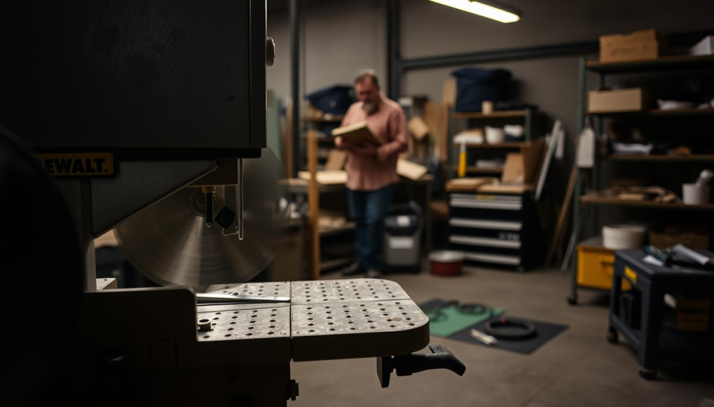A dimly lit industrial workshop, the focus centered on a DEWALT bandsaw. The foreground showcases the machine's intricate components, with the blade spinning smoothly as the operator carefully examines its alignment. In the middle ground, various tools and replacement parts are neatly organized, hinting at the troubleshooting process. The background reveals the workshop's utilitarian aesthetic, with concrete floors, metal shelving, and the faint glow of task lighting casting shadows across the scene. The overall mood is one of methodical problem-solving, where attention to detail and technical expertise are paramount in maintaining the precision of this essential woodworking tool.