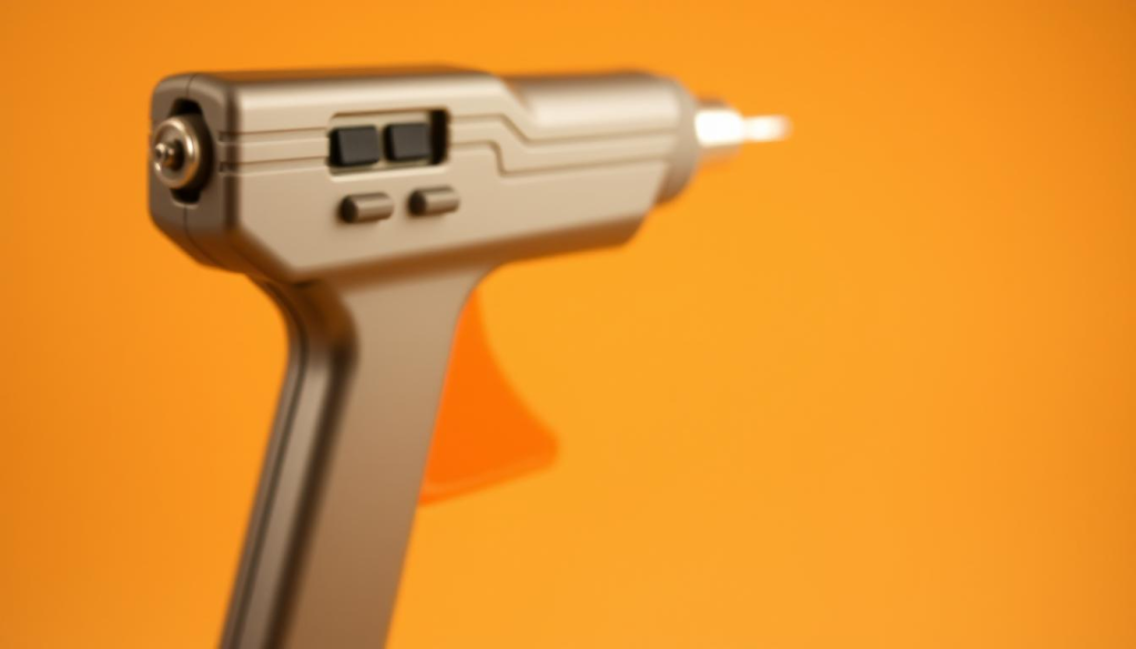 A dual temperature hot glue gun in a well-lit studio setting, showcasing its precision engineering. The gun's sleek, metallic body is prominently displayed, highlighting its ergonomic design and dual temperature control switches. In the foreground, a close-up view captures the nozzle, allowing the viewer to appreciate the intricate mechanics and attention to detail. The background is slightly blurred, putting the focus on the tool's key features. Warm, soft lighting creates a professional, technical atmosphere, emphasizing the gun's power and reliability for crafting and repairs.