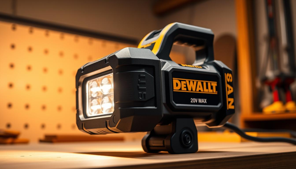 A durable DEWALT 20V MAX work light set against a clean, well-lit workshop backdrop. The light's rugged, impact-resistant casing is prominently displayed, showcasing its robust construction. The warm, uniform illumination emanates from the LED bulbs, casting a soft glow across the scene. The work light is positioned at a slight angle, highlighting its compact, ergonomic design. The image conveys a sense of reliability and practical utility, reflecting the durability and build quality of this essential workshop tool.