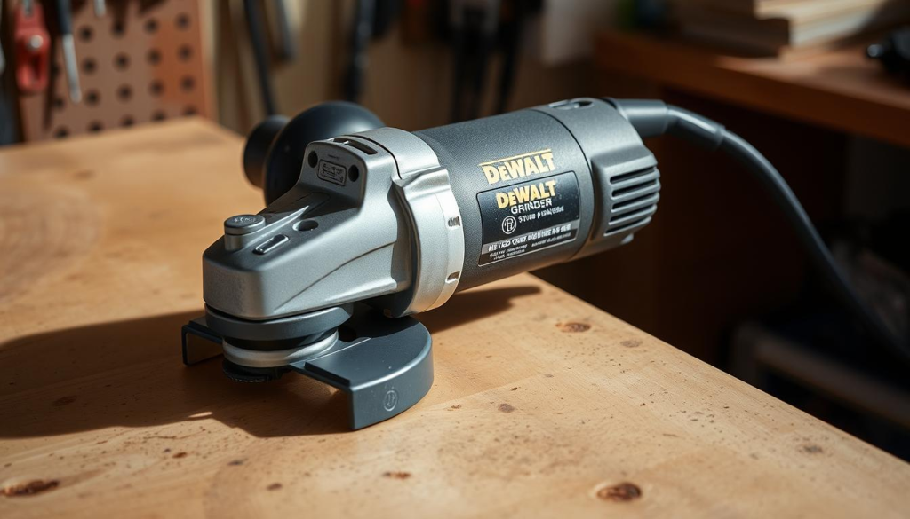 A durable DeWalt corded 4 1/2" grinder resting on a sturdy, well-lit workbench. The grinder has a metallic body with a powerful motor and a guard for safety. Its controls are clearly visible, including the trigger switch and speed adjustment knob. The machine casts a subtle, directional shadow, conveying a sense of depth and solidity. The background is slightly blurred, keeping the focus on the grinder as the central subject. An authoritative, professional atmosphere evokes a sense of reliable, high-quality power tools used by skilled tradespeople.