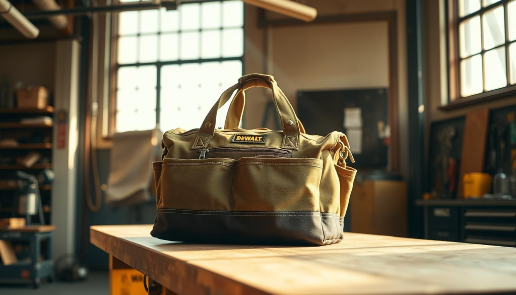 A durable, well-crafted DEWALT tool bag stands prominently on a sturdy workbench in a professional workshop. The bag's rugged canvas exterior and reinforced bottom exude a sense of reliability and durability. Subtle branding and metallic hardware add a touch of industrial sophistication. Sunlight streams in through large windows, casting warm, directional lighting that highlights the bag's textured details. The overall scene conveys a sense of functionality, practicality, and the tool bag's suitability for a professional, job-site ready environment.