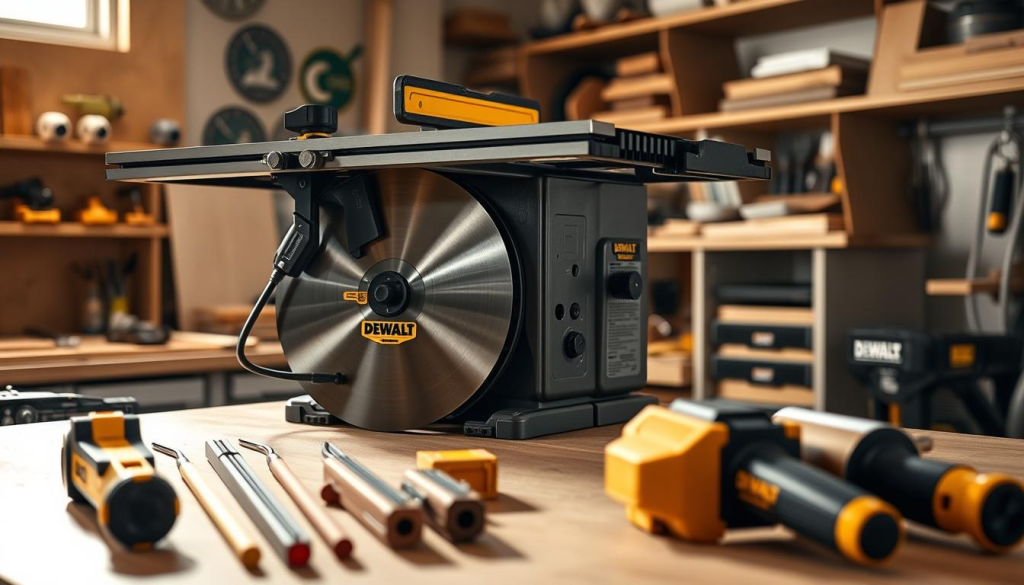 A finely crafted DEWALT 10-inch table saw stands prominently in a well-lit workshop. The blade gleams under warm, directional lighting, casting soft shadows across the sturdy metal frame. The saw's distinctive yellow and black color scheme is highlighted, conveying a sense of power and precision. In the foreground, various woodworking accessories, such as push sticks and miter gauges, are neatly arranged, ready to assist in intricate projects. The background features a clean, organized workspace, with shelves of tools and materials, creating an atmosphere of professionalism and expertise. The overall scene evokes a sense of reliability, versatility, and the confidence needed for successful woodworking endeavors.