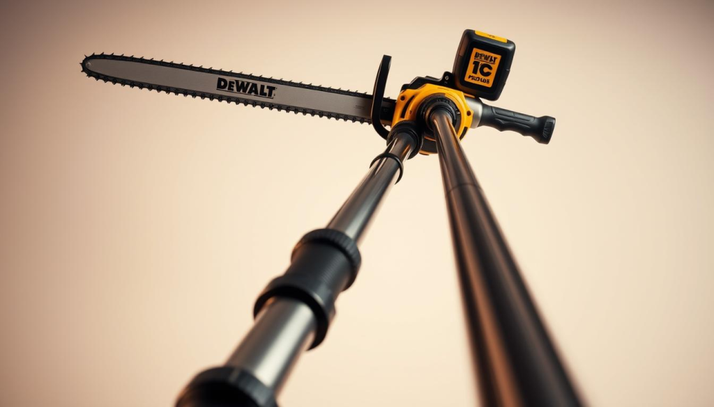 A finely crafted DEWALT 20V pole saw, its sleek silver-and-black body gleaming under warm studio lighting. The 8-inch cutting bar extends from the top of the pole, ready to tackle tall branches with precision. In the foreground, the ergonomic handle and trigger controls come into focus, inviting the user's grip. The mid-ground reveals the telescopic pole, adjustable to various lengths for versatile reach. Subtle reflections on the metal surfaces add depth, while a clean, uncluttered background emphasizes the tool's bold, functional design.