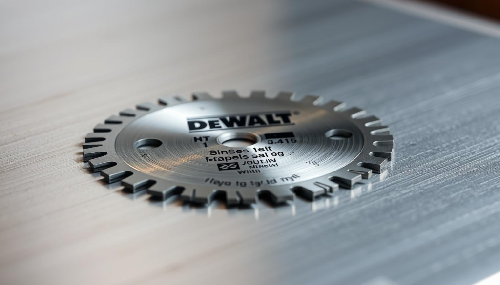 A finely crafted DeWalt jigsaw blade rests on a metallic surface, showcasing its sharp teeth and serrated edge. The blade is set against a softly blurred backdrop, emphasizing its central focus. Diffused lighting casts subtle shadows, highlighting the blade's sleek design and attention to safety features. The composition conveys a sense of precision, durability, and the importance of proper tool handling when using a jigsaw for woodworking projects.