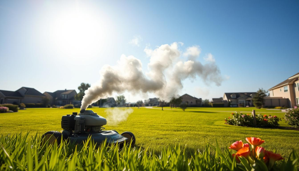 A gas-powered lawn mower in a lush, green backyard, exhaust plume billowing upwards against a clear, azure sky. The mower's engine rumbles, releasing a cloud of gray-blue exhaust that drifts lazily through the frame. Sunlight filters through the haze, casting a warm glow over the scene. In the foreground, verdant grass and vibrant flower beds frame the mower, while in the middle ground, the lawn stretches out, dotted with shrubbery and trees. The background reveals a picturesque suburban neighborhood, houses and fences visible through the dissipating fumes. The overall mood is one of tranquility tinged with an environmental awareness, the mower's emissions a subtle reminder of the impact of our lawn care choices.