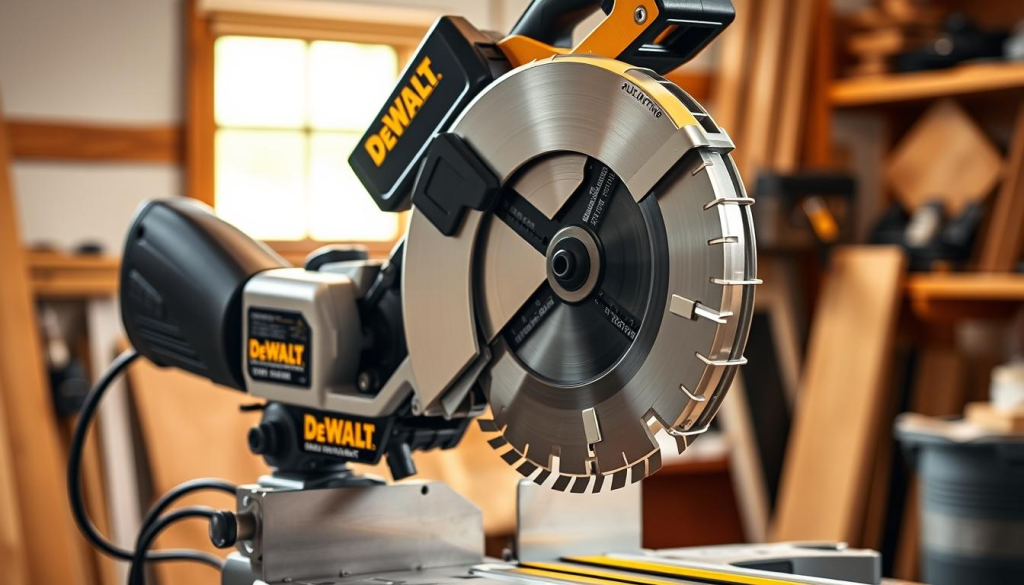 A gleaming Dewalt 779 miter saw, showcased in a well-lit workshop setting. The saw's sturdy, ergonomic design is meticulously detailed, with a prominent bevel and miter scales for precise angle adjustments. The powerful 15-amp motor hums softly, ready to slice through a variety of materials with ease. Thoughtful features like the sliding fence, dust collection port, and blade guard are prominently displayed, emphasizing the saw's user-friendly functionality. The workshop background is softly blurred, keeping the focus on the saw's streamlined, professional-grade aesthetics. Warm, natural lighting accentuates the tool's durable construction and brushed metal accents, conveying a sense of quality and reliability.