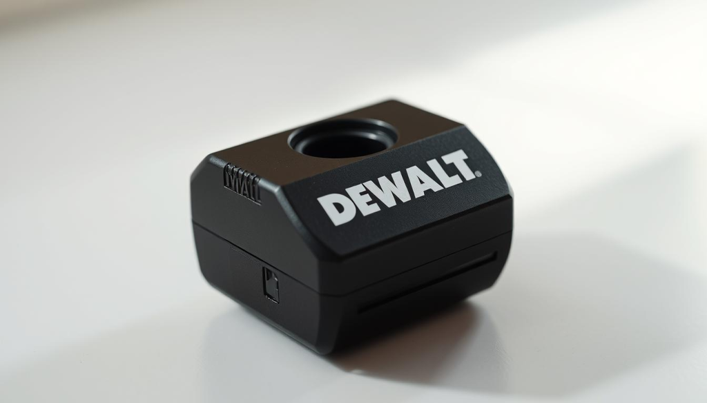 A gleaming Dewalt power tool adapter, its sleek black casing catching the soft light from an unseen source. The adapter rests on a clean, minimalist surface, surrounded by a subtle vignette that draws the eye towards the central subject. The lighting is gentle, creating soft shadows that accentuate the adapter's contours and convey a sense of quality and refinement. The composition is balanced, with the adapter positioned slightly off-center to create visual interest. The overall atmosphere is one of calm, professional assessment, inviting the viewer to consider the adapter's utility and performance.