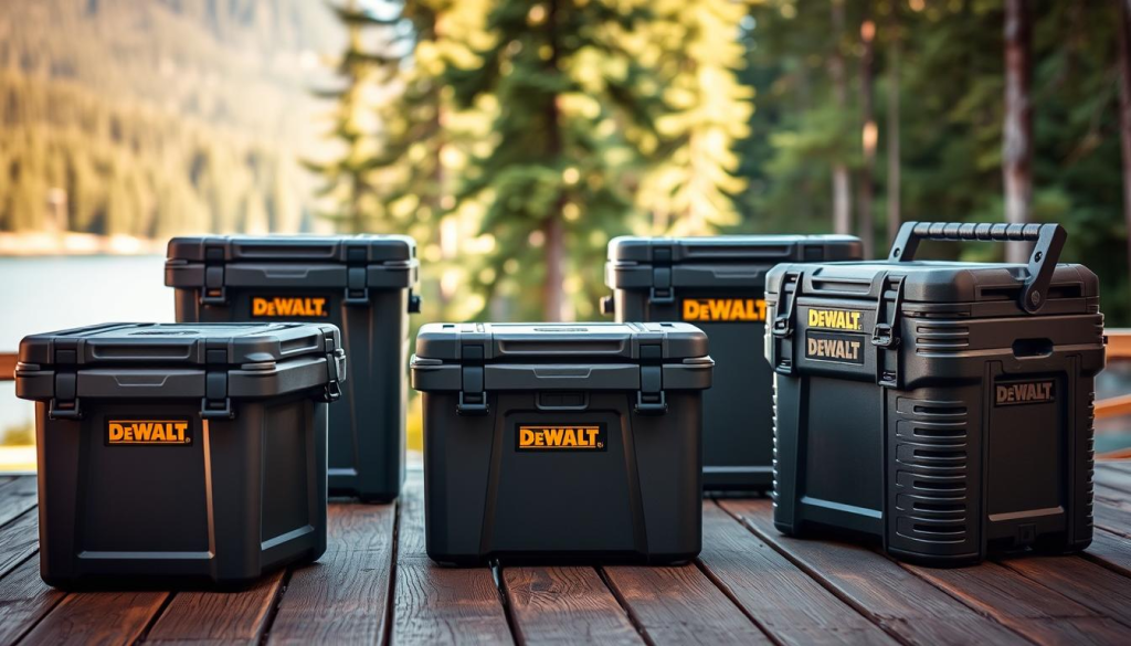 A group of DEWALT coolers in a side-by-side comparison, showcasing their durability and temperature-retaining capabilities. The coolers are positioned on a wooden deck, with a warm, natural lighting illuminating their rugged exteriors. In the foreground, a close-up view highlights the intricate details and robust construction of the coolers, while the middle ground presents a wider angle displaying their compact and portable designs. The background features a scenic outdoor setting, such as a lush forest or a serene lakeside, to evoke a sense of adventure and outdoor exploration. The overall mood is one of reliability, practicality, and the enjoyment of the great outdoors.