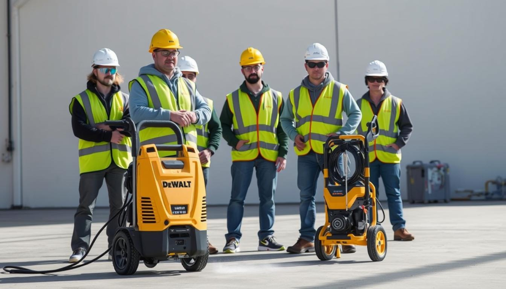 A group of construction workers wearing high-visibility safety vests, hard hats, and protective goggles while operating a DEWALT electric pressure washer in a well-lit industrial setting. The pressure washer is positioned in the foreground, with the workers standing nearby, ready to demonstrate its use. The background features a clean, minimalist environment, emphasizing the focus on safety and functionality. The lighting is natural, with soft shadows cast by the equipment, creating a sense of depth and realism. The overall scene conveys a professional, instructive atmosphere, suitable for illustrating the "Using the Pressure Washer Safely" section of the article.