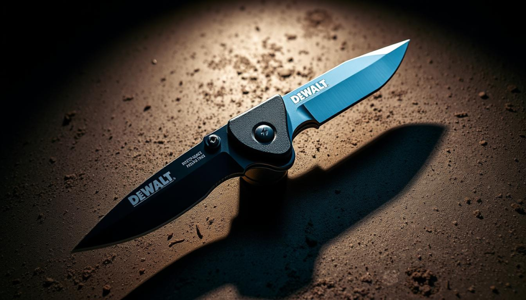 A heavy-duty DEWALT folding knife with a rugged, stainless steel blade in a sharp, drop-point profile. The knife is open, casting long, dramatic shadows on a gritty, textured surface, perhaps a construction site or a workshop. Intense, directional lighting highlights the knife's sleek, utilitarian design and the metallic shine of the blade. The scene conveys a sense of power, precision, and the practical application of this versatile tool in real-world, demanding environments.