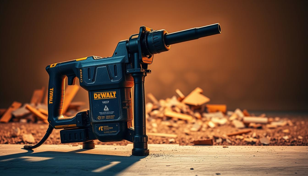 A heavy-duty DEWALT jackhammer standing prominently in the foreground, its powerful design and rugged construction capturing the viewer's attention. The jackhammer is illuminated by warm, directional lighting, casting dynamic shadows that accentuate its industrial aesthetic. In the middle ground, the demolition site is visible, with debris and rubble scattered around, hinting at the tool's impressive capabilities. The background is a minimalist, neutral setting, allowing the jackhammer to be the focal point and emphasizing its role as the centerpiece of the scene. The overall mood is one of strength, reliability, and professionalism, reflecting the DEWALT brand's reputation for high-quality construction tools.